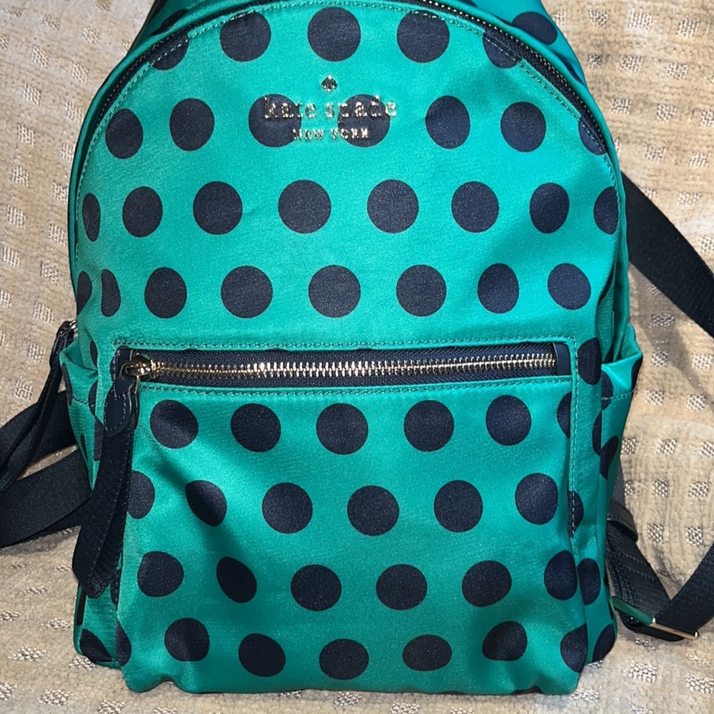 Kate Spade, backpack, green with black polkadots